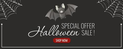 Halloween vendita volantino. pipistrello e ragno ragnatela. vettore illustrazione, buio sfondo. per striscione, pubblicità, negozio, speciale offerta.