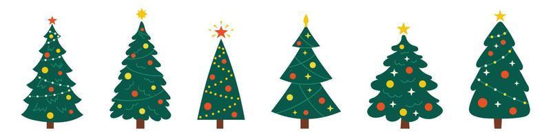 vettore nuovo anno impostato con Natale alberi. sempreverde alberi con palle, stelle e ghirlande. abete alberi per Natale.
