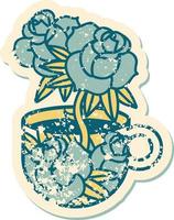 iconico afflitto etichetta tatuaggio stile Immagine di un' tazza e fiori vettore
