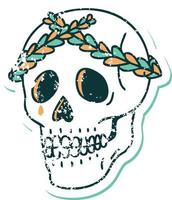 iconico afflitto etichetta tatuaggio stile Immagine di un' cranio con alloro ghirlanda corona vettore
