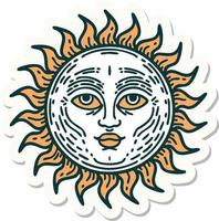 etichetta di tatuaggio nel tradizionale stile di un' sole con viso vettore