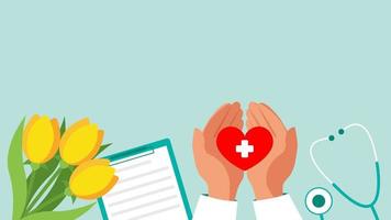 il mani di un' medico o infermiera hold un' cuore, fiori, un' stetoscopio e un' tavoletta. bandiera con copia spazio. azione vettore illustrazione.