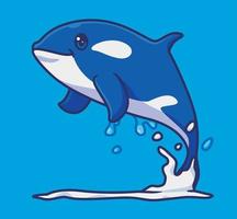 carino uccisore balena salto. isolato cartone animato animale illustrazione. piatto stile etichetta icona design premio logo vettore. portafortuna personaggio vettore