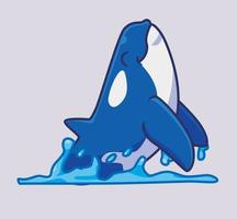 carino uccisore balena salto su mare. isolato cartone animato animale illustrazione. piatto stile etichetta icona design premio logo vettore. portafortuna personaggio vettore