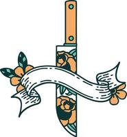 tradizionale tatuaggio con bandiera di un' pugnale e fiori vettore