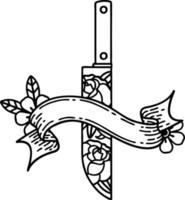 tradizionale nero linework tatuaggio con bandiera di un' pugnale e fiori vettore