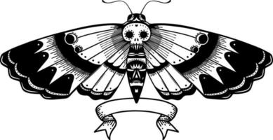 tradizionale nero linework tatuaggio con bandiera di un' morti testa falena vettore
