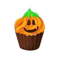 Cupcake Halloween con zucca su arancia crema e verde foglie, divertente viso dolce nel cartone animato stile isolato su bianca sfondo. vettore illustrazione