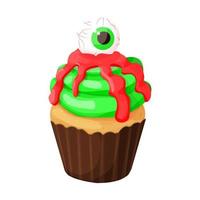 Cupcake Halloween mostro dolce con pauroso occhio su sangue gelatina nel cartone animato stile isolato su bianca sfondo. vettore illustrazione