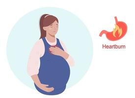 bruciore di stomaco durante gravidanza. donna Tenere addome e sentire dolore. gravidanza sintomi e i problemi concetto vettore