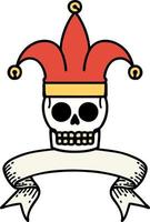 tatuaggio con bandiera di un' cranio giullare vettore