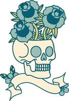 tatuaggio con bandiera di un' cranio e Rose vettore