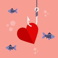 cuore su amo da pesca con pesce vettore