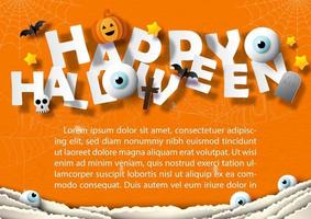 contento Halloween con cartello oggetto di Halloween nel carta tagliare stile e esempio testi su ragno ragnatele e arancia carta modello sfondo. vettore