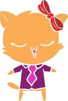 gatto cartone animato in stile piatto a colori con fiocco sulla testa vettore