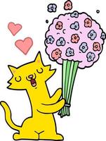 cartone animato gatto nel amore con fiori vettore