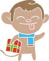 divertente piatto colore stile cartone animato scimmia con Natale presente vettore