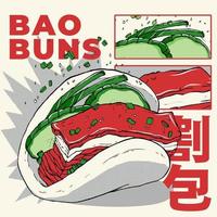 vettore illustrazione.taiwanese merenda gua bao. un' pezzo di in umido carne con cetriolo e verde cipolla nel al vapore panini. asiatico cucina sfondo per menù, bar, ristorante. testo traduzione-baozi