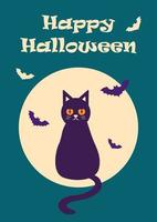 contento Halloween cartolina con un' gatto e pipistrelli contro il sfondo di il Luna. vettore illustrazione