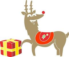 piatto colore illustrazione di un' cartone animato Natale renna con presente vettore