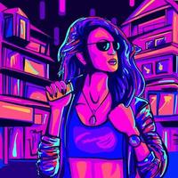 synthwave digitale arte di un' giovane donna nel un' città sotto neon luci. paesaggio urbano illustrazione di un' ragazza con occhiali da sole. discoteca e anni 80 musica concetto. vettore