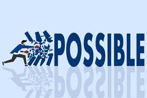 il concetto di impossibile successo diventa possibile, ottimista per raggiungere attività commerciale obiettivi, concetto di soluzione difficile i problemi, imprenditore chi distrugge sono parole per produrre possibile parole. vettore