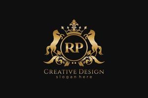 iniziale rp retrò d'oro cresta con cerchio e Due cavalli, distintivo modello con pergamene e reale corona - Perfetto per lussuoso il branding progetti vettore