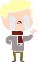piatto colore stile cartone animato uomo pianto indossare inverno sciarpa vettore