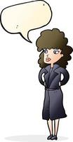 cartone animato donna nel trincea cappotto con discorso bolla vettore