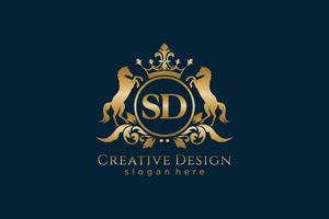 iniziale sd retrò d'oro cresta con cerchio e Due cavalli, distintivo modello con pergamene e reale corona - Perfetto per lussuoso il branding progetti vettore