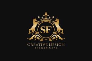 iniziale sf retrò d'oro cresta con cerchio e Due cavalli, distintivo modello con pergamene e reale corona - Perfetto per lussuoso il branding progetti vettore