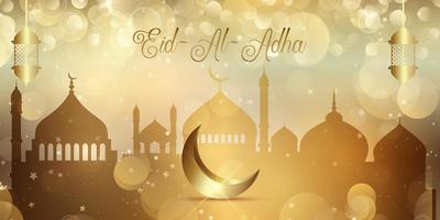 banner di luci bokeh oro per eid al adha vettore