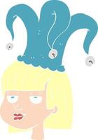 piatto colore illustrazione di un' cartone animato femmina viso con giullare cappello vettore