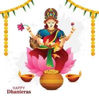 illustrazione di contento dhanteras oro moneta nel pentola con maa lakshmi celebrazione sfondo vettore