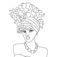 bellissimo africano americano donna turbante testa sciarpa afro ragazza acconciatura vettore colorazione pagina schema illustrazione