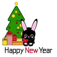 contento nuovo anno, un' carino nero coniglio vicino un' decorato Natale albero con i regali. Cinese nuovo anno vettore
