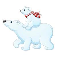 cartone animato bambino orso polare cavalcando sulla schiena di sua madre vettore