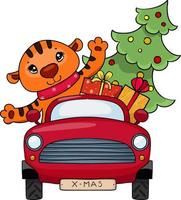 un' carino poco tigre unità un' rosso auto e trasporta un' Natale albero con i regali. nuovo anno clipart. vettore