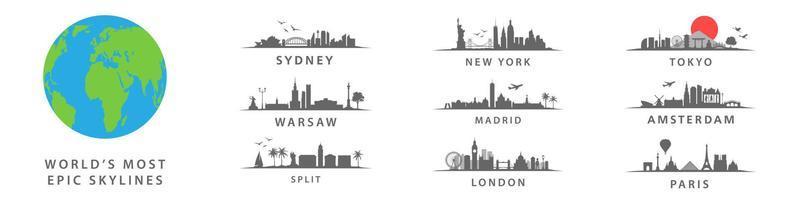 collezione di del mondo maggior parte epico skyline, grande città su globo, varsavia, nuovo York, sidenia, tokyo, amsterdam, Londra, Parigi vettore