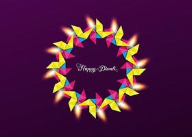 contento Diwali Festival di luci celebrazione, colorato modello, corona di luci nel origami carta grafico design di indiano diya olio lampade, moderno piatto design vettore bandiera arte stile, viola sfondo