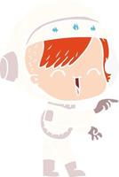piatto colore stile cartone animato astronauta ragazza puntamento e ridendo vettore