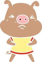 piatto colore stile cartone animato arrabbiato maiale indossare tee camicia vettore