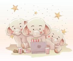 tre elefanti carini guardando film insieme sul portatile vettore