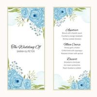 carta del menu di nozze con cornice fiore rosa blu dell'acquerello vettore