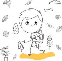 illustrazione di un' bambino volendo per scalata un' montagna e campeggio vettore