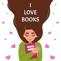 io amore libri. ragazza abbracciare libro. concetto di lettura, sviluppo, formazione scolastica. vettore piatto illustrazione.