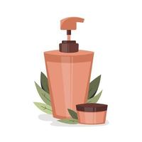 fiala e tubo cosmetici su pianta sfondo. concetto di utensili bellezza e pelle cura, shampoo, crema, balsamo, eco, detersivo. vettore piatto illustrazione.