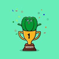 carino cartone animato cactus personaggio nel trofeo vettore