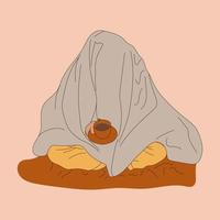 donna avvolto nel un' caldo coperta . mano disegnato moderno vettore illustrazione. relax, hygge intimità concetto