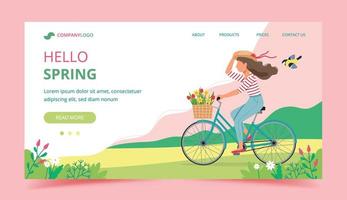 ciao landing page di primavera con donna in sella a bici vettore